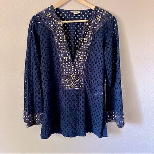 Boston Proper Navy Blue Boho Studded Eyelet Tunic Top Size X Small